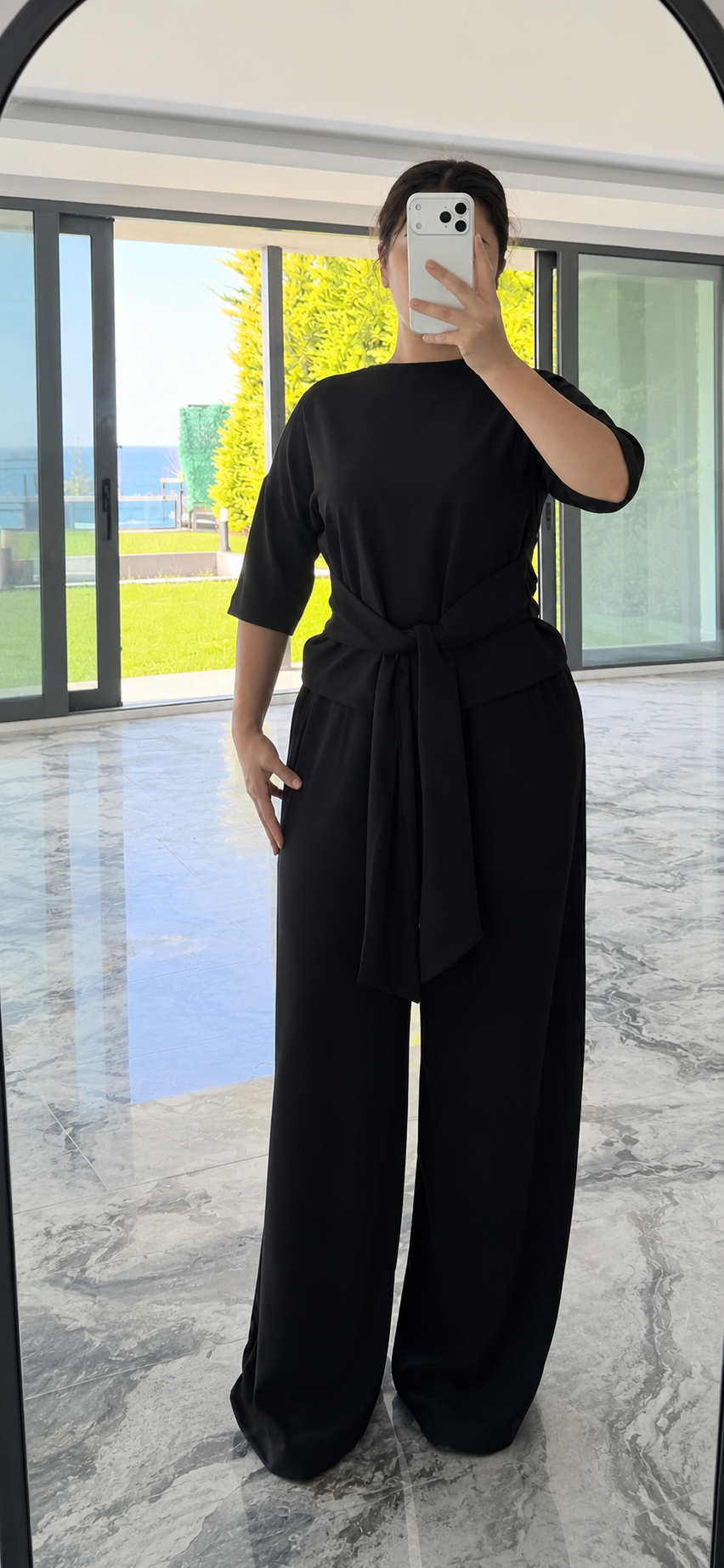 Siyah - Belden Bağlamalı Basic T-Shirt Bol Paça Pantolon Modal Takım