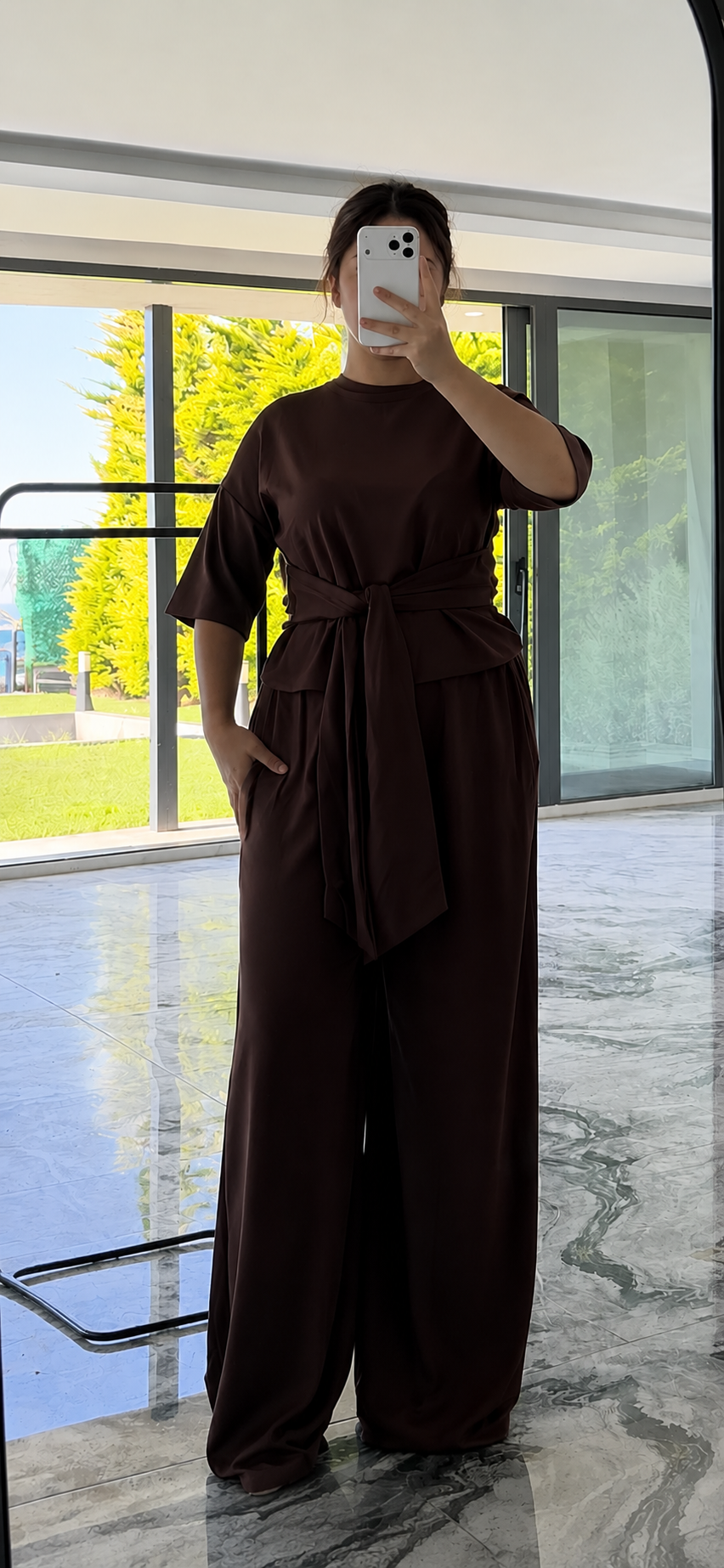Kahve - Belden Bağlamalı Basic T-Shirt Bol Paça Pantolon Modal Takım