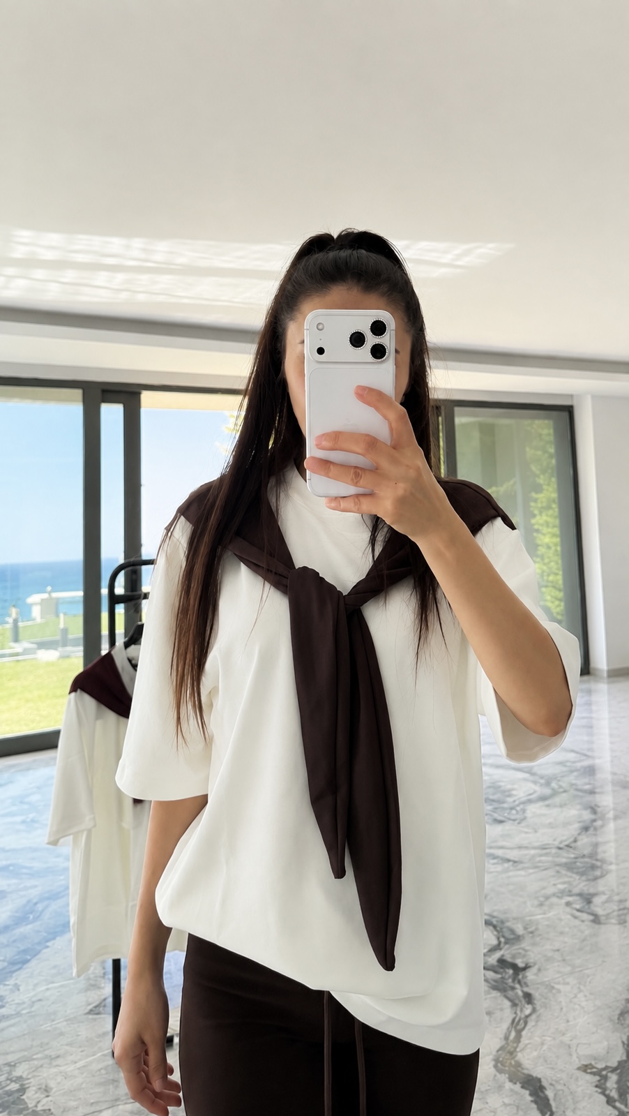 Kahve - Şal Detaylı Oversize Basic T-shirt
