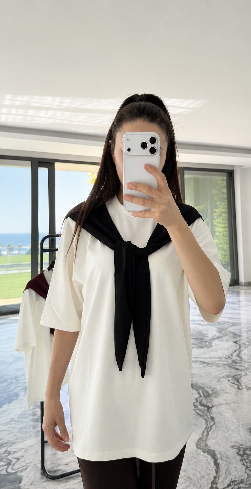 Siyah - Şal Detaylı Oversize Basic T-shirt