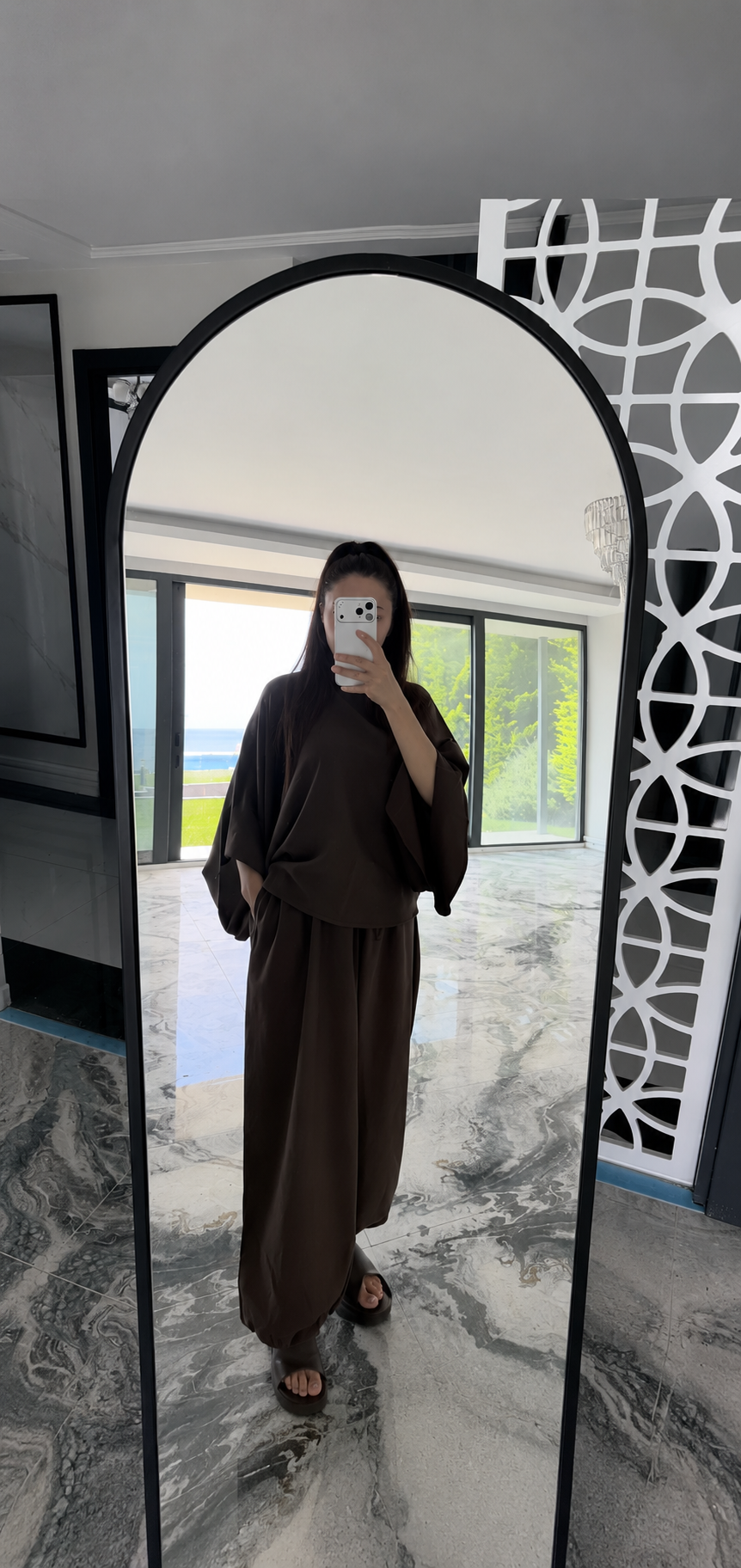 Kahve Bluz Şalvar Pantolon Takım