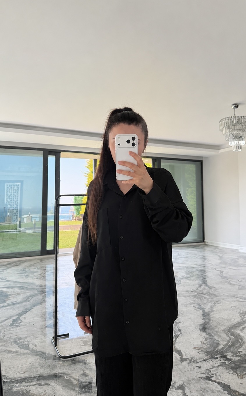 Siyah Tek Cepli Oversize Keten Gömlek