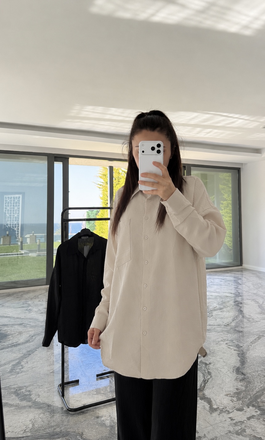 Bej Tek Cepli Oversize Keten Gömlek